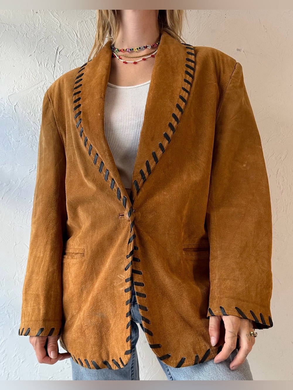 The Limited caramel suede leather jacket with distinctive black stitching trim